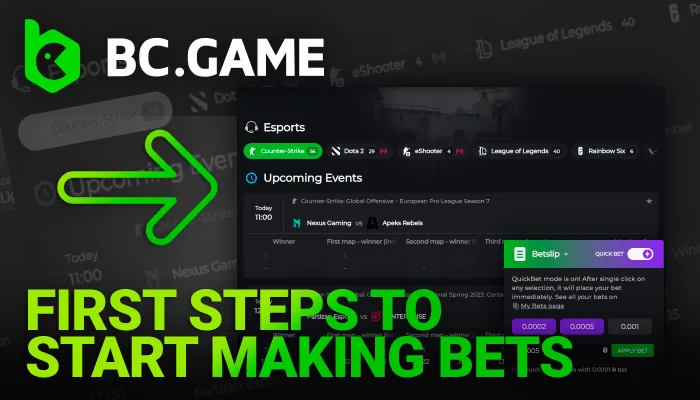 About first steps to start making bets on eSports for players in India on BC Game. Step by step