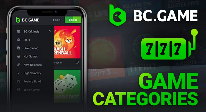 Different categories of games at BC Game casino section on the phone