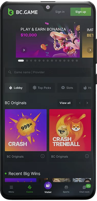Screenshot of the Casino section of the BC Game mobile app
