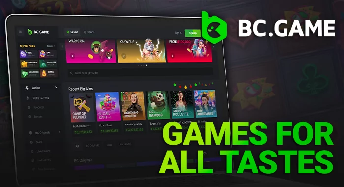 BC Game casino lobby: wide range of games