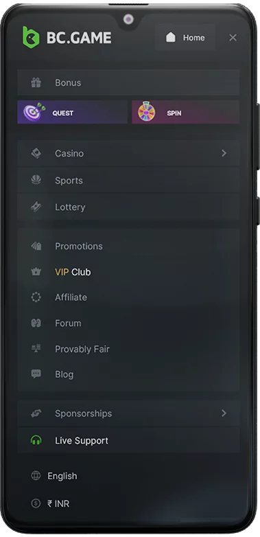 Screenshot of the menu of the BC Game mobile app