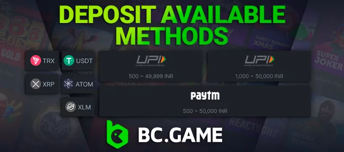 BC Game deposit available methods: UPI, BTC, ETH, USDT