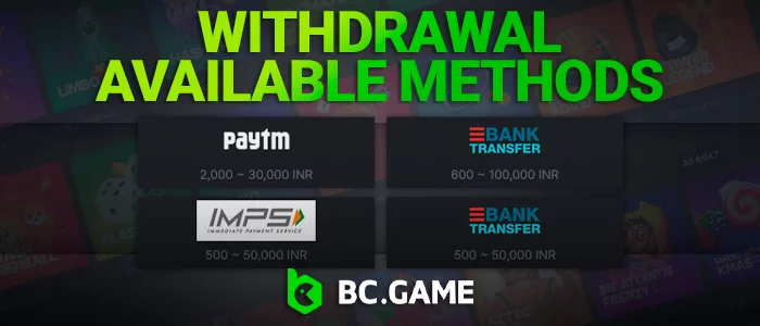 BC Game Withdrawal available methods: PayTM, IMPS, Bank Transfer