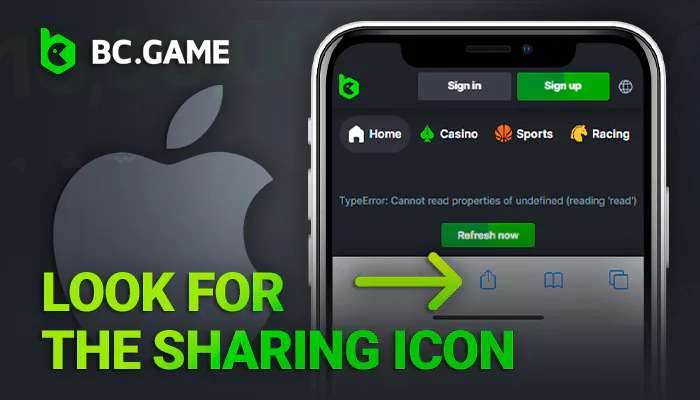 Find the share icon in the Safari browser for iOS BCGame