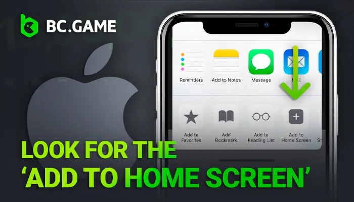 Find the Add to Home Screen button for the BCGame app on iPhone