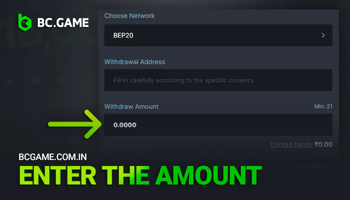 Enter the amount of withdrawal from BCGame wallet
