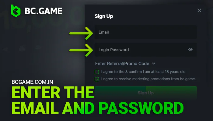 Enter email and password to register on BCGame