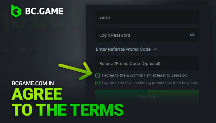 Agree to the terms and conditions when registering on BCGame