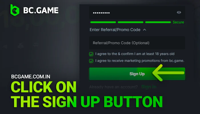 Click on the BCGame registration button